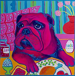Oksana Chumakova, Obraz "Pies Bulka je śniadanie", Obraz akrylowy - płótno, 50 x 50