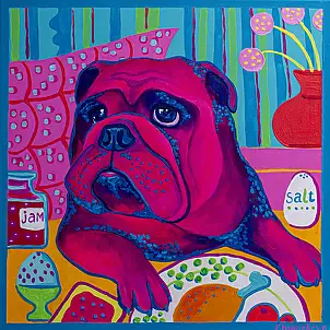 Oksana Chumakova, Gemälde „Bulka, der Hund, isst Frühstück“, Acrylgemälde - Leinwand, 50 x 50