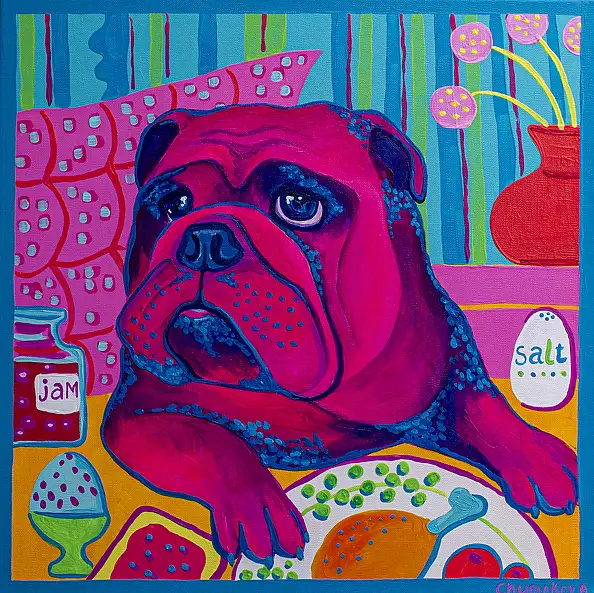 Oksana Chumakova, Gemälde „Bulka, der Hund, isst Frühstück“, Acrylgemälde - Leinwand, 50 x 50