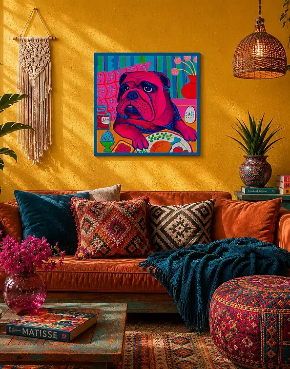 Oksana Chumakova, Gemälde „Bulka, der Hund, isst Frühstück“, Acrylgemälde - Leinwand, 50 x 50