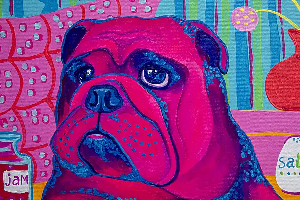 Oksana Chumakova, Gemälde „Bulka, der Hund, isst Frühstück“, Acrylgemälde - Leinwand, 50 x 50