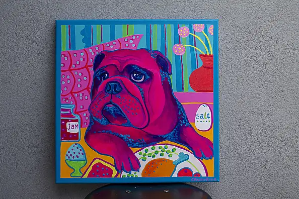 Oksana Chumakova, Gemälde „Bulka, der Hund, isst Frühstück“, Acrylgemälde - Leinwand, 50 x 50