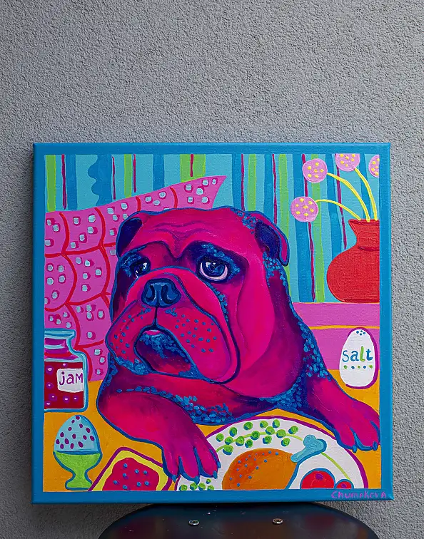 Oksana Chumakova, Gemälde „Bulka, der Hund, isst Frühstück“, Acrylgemälde - Leinwand, 50 x 50