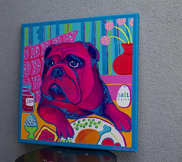 Oksana Chumakova, Gemälde „Bulka, der Hund, isst Frühstück“, Acrylgemälde - Leinwand, 50 x 50