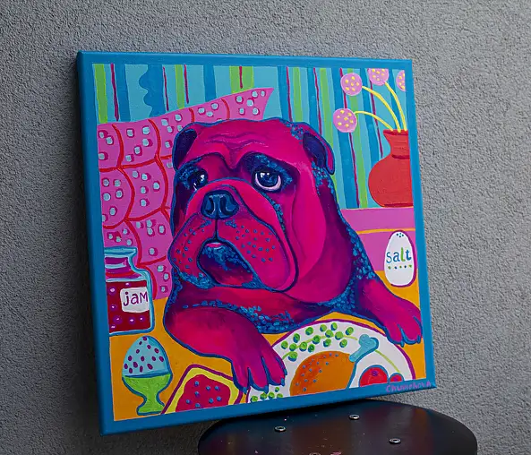 Oksana Chumakova, Gemälde „Bulka, der Hund, isst Frühstück“, Acrylgemälde - Leinwand, 50 x 50