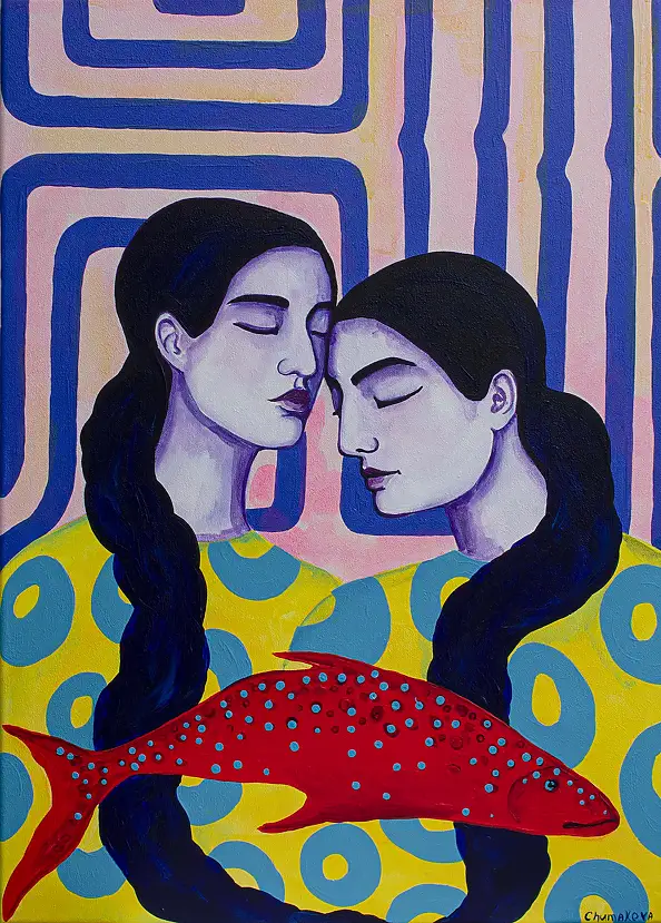 Oksana Chumakova, Das Gemälde „Fisch für zwei“, Acrylgemälde - Leinwand, 50 x 70