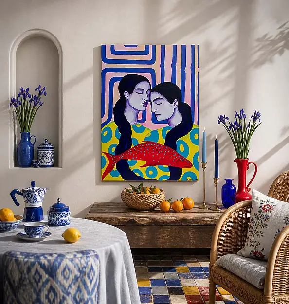 Oksana Chumakova, Das Gemälde „Fisch für zwei“, Acrylgemälde - Leinwand, 50 x 70