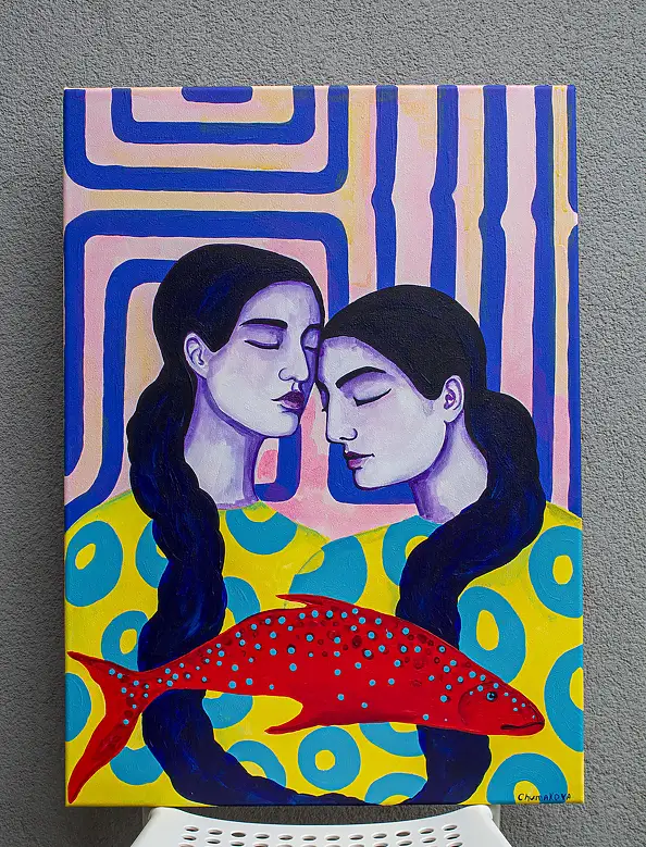 Oksana Chumakova, Das Gemälde „Fisch für zwei“, Acrylgemälde - Leinwand, 50 x 70