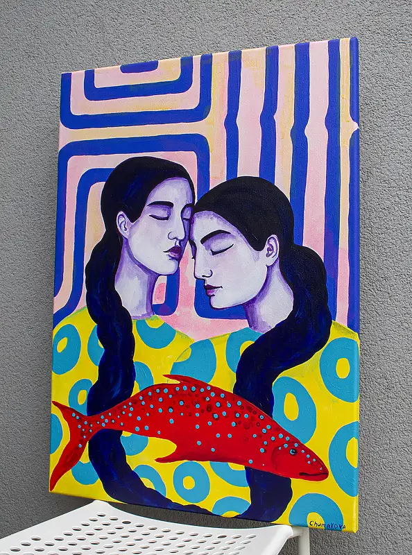 Oksana Chumakova, Das Gemälde „Fisch für zwei“, Acrylgemälde - Leinwand, 50 x 70