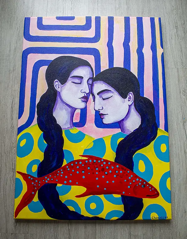 Oksana Chumakova, Das Gemälde „Fisch für zwei“, Acrylgemälde - Leinwand, 50 x 70