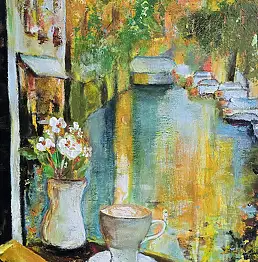 Ewa Mościszko, Peinture acrylique, 50 x 70 x 1 cm. Titre : Cappuccino, Peinture acrylique, Tempera - toile, 40 x 50