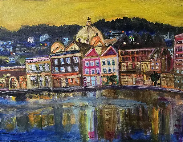 Krystyna Mościszko - Acrylic painting entitled Lesbos, 40x50x2 cm.