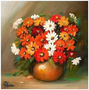 Grażyna Potocka - Oil painting ZINNIAS 50cm-50cm