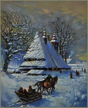 Damian Gierlach - Oil painting NEW YEAR 1925 Winter Landscape 60x50cm GIERLACH