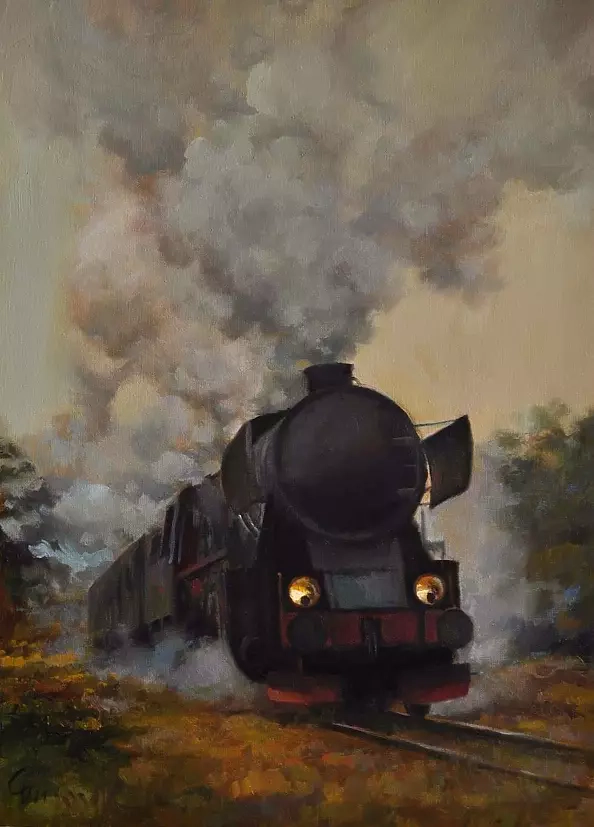 Damian Gierlach - Obraz olejny Parowóz Kolej Lokomotywa 46x33 Gierlach