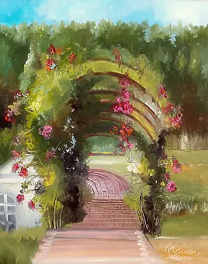 Krzysztof Kłosowicz, Peinture à l'huile « Pergola aux roses », Peinture à l'huile - toile, 40 x 50