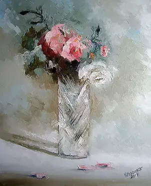 Krzysztof Kłosowicz - Масляная картина "Розы в хрустальной вазе"