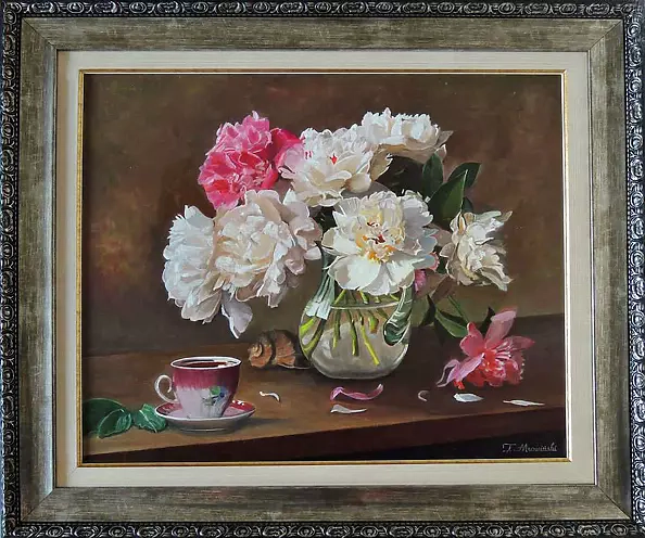Tomasz Mrowiński - Oil painting peonies with a cup of tea
