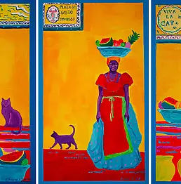 Oksana Chumakova, Triptychon-Gemälde „Viva La Cat!“, Acrylgemälde - Leinwand, 90 x 50