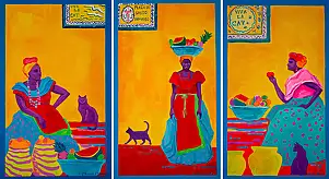 Oksana Chumakova, Triptychon-Gemälde „Viva La Cat!“, Acrylgemälde - Leinwand, 90 x 50