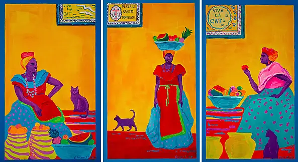 Oksana Chumakova, Triptychon-Gemälde „Viva La Cat!“, Acrylgemälde - Leinwand, 90 x 50