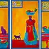 Oksana Chumakova, Triptychon-Gemälde „Viva La Cat!“, Acrylgemälde - Leinwand, 90 x 50