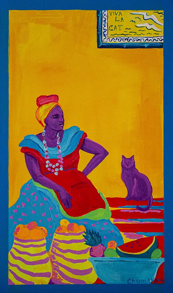 Oksana Chumakova, Triptychon-Gemälde „Viva La Cat!“, Acrylgemälde - Leinwand, 90 x 50