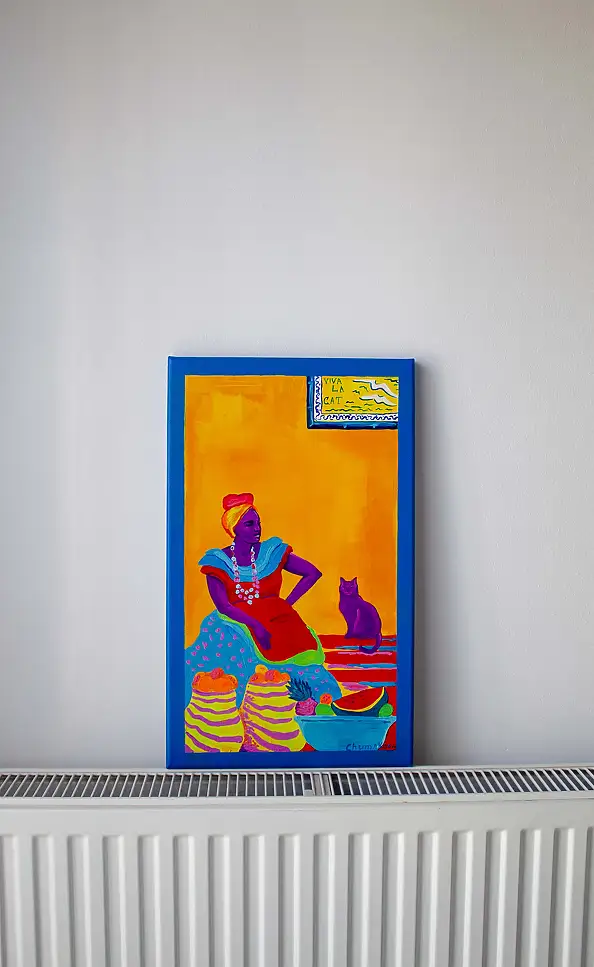 Oksana Chumakova, Triptychon-Gemälde „Viva La Cat!“, Acrylgemälde - Leinwand, 90 x 50