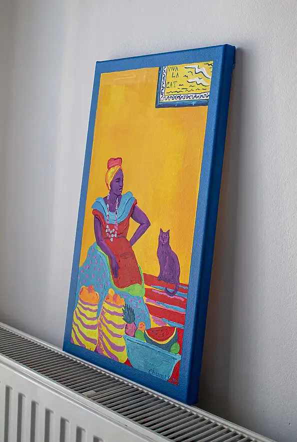Oksana Chumakova, Triptychon-Gemälde „Viva La Cat!“, Acrylgemälde - Leinwand, 90 x 50