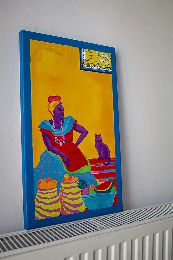 Oksana Chumakova, Triptychon-Gemälde „Viva La Cat!“, Acrylgemälde - Leinwand, 90 x 50