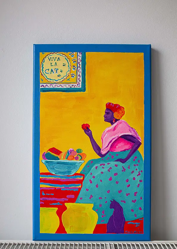 Oksana Chumakova, Triptychon-Gemälde „Viva La Cat!“, Acrylgemälde - Leinwand, 90 x 50