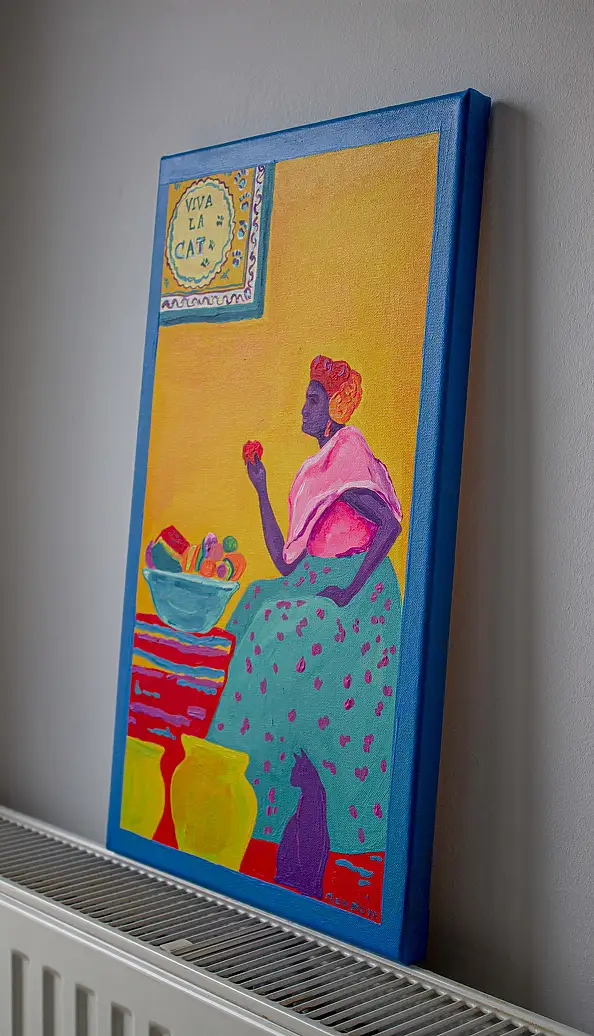 Oksana Chumakova, Triptychon-Gemälde „Viva La Cat!“, Acrylgemälde - Leinwand, 90 x 50
