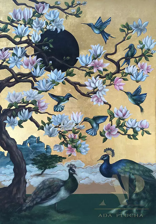 Adriana Plucha - ''The Obsidian Sun" from the ''The Gardens of the World – Asia" collection. Gold 23.75 ct., my own technique, 70x100 cm, 2016-2017. 