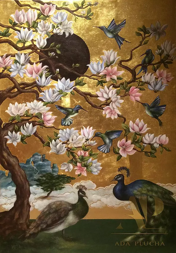 Adriana Plucha - ''The Obsidian Sun" from the ''The Gardens of the World – Asia" collection. Gold 23.75 ct., my own technique, 70x100 cm, 2016-2017. 