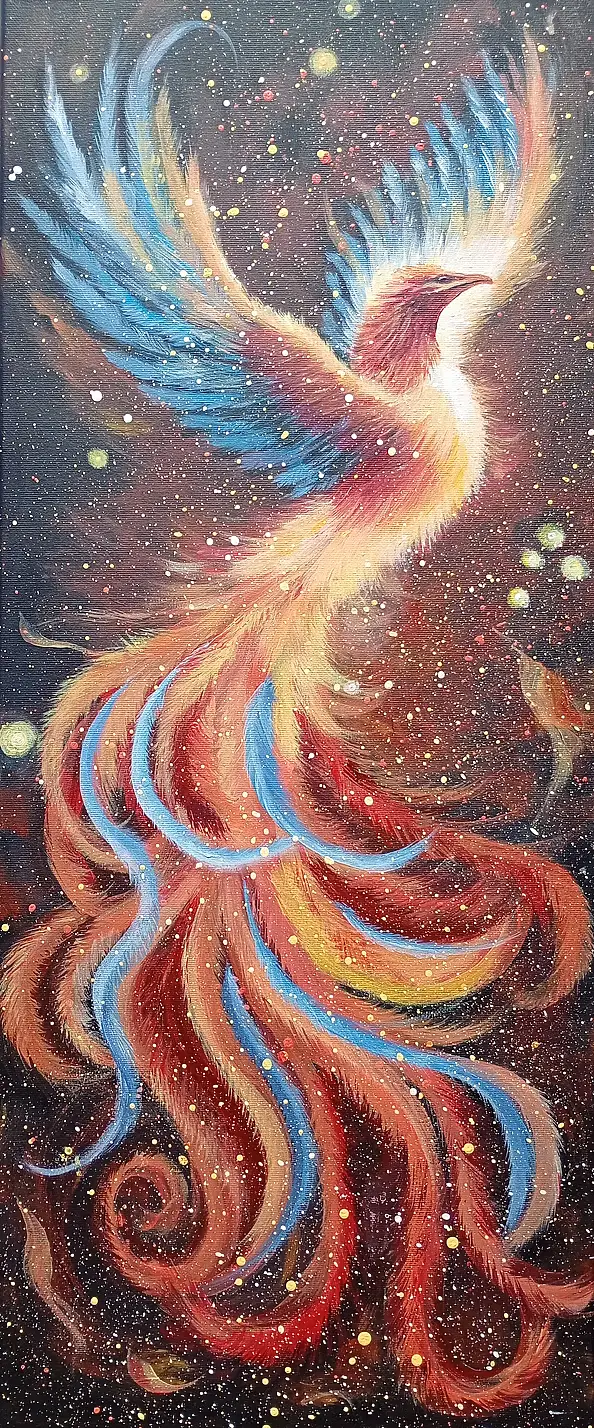 Luba Santkiewicz, Fenice infuocata, Dipinto acrilico - tela, 30 x 70