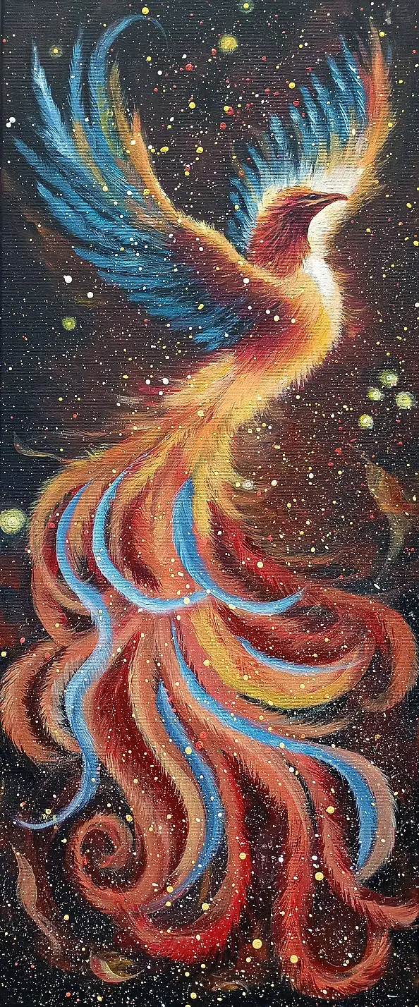 Luba Santkiewicz, Fenice infuocata, Dipinto acrilico - tela, 30 x 70
