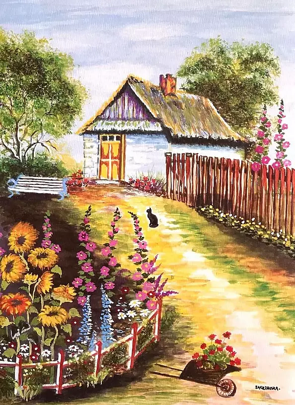 Ewa Zakrzewska - A garden with mallow and sunflowers.