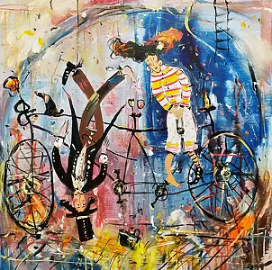 Dariusz Grajek, Ona i on na tandemie..., Obraz akrylowy, Obraz olejny - płótno, 58 x 60