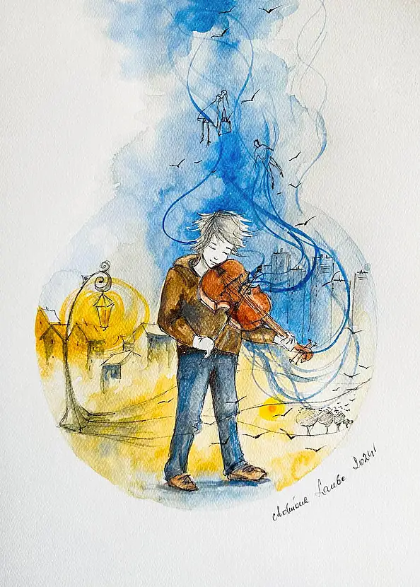 Adriana Laube, "The Tale of the Street Fiddler", Watercolors, Other - paper, 30 x 42