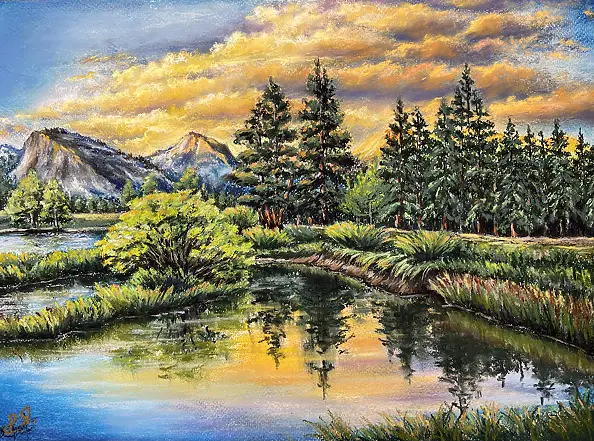 Yana Yeremenko - "Orange Clouds" Mountain landscape. Pastel painting.
