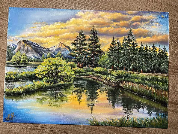 Yana Yeremenko - "Orange Clouds" Mountain landscape. Pastel painting.