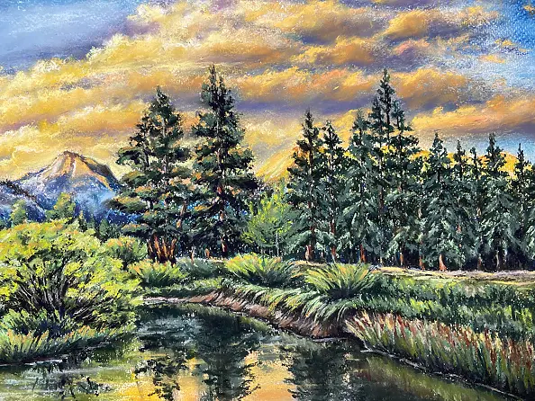 Yana Yeremenko - "Orange Clouds" Mountain landscape. Pastel painting.