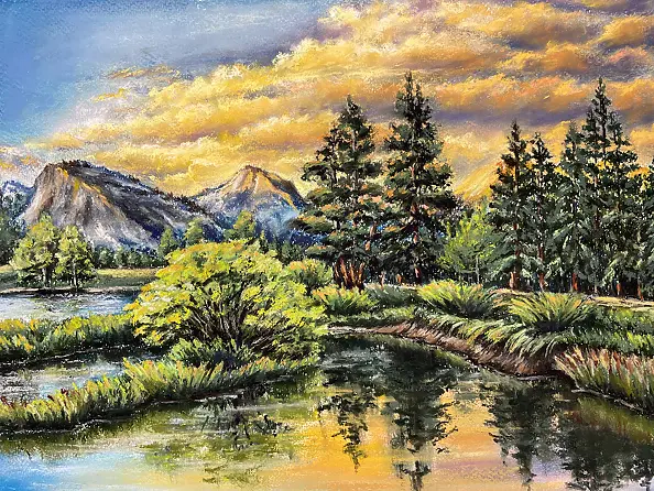 Yana Yeremenko - "Orange Clouds" Mountain landscape. Pastel painting.