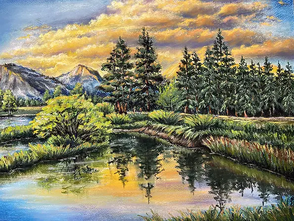 Yana Yeremenko - "Orange Clouds" Mountain landscape. Pastel painting.