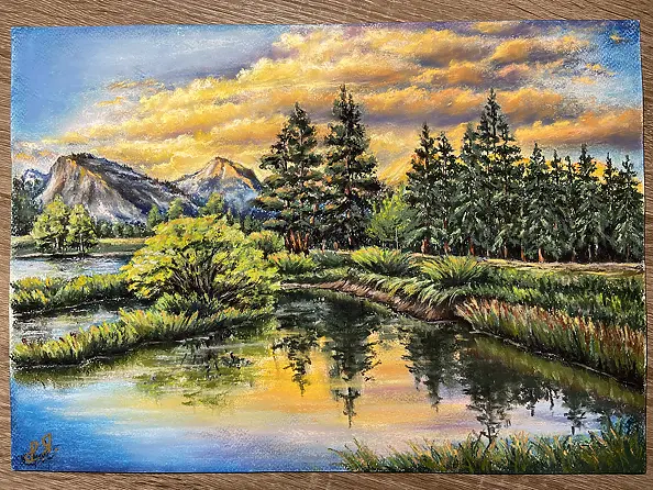 Yana Yeremenko - "Orange Clouds" Mountain landscape. Pastel painting.