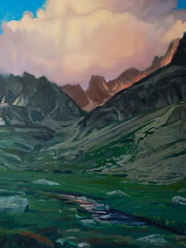 Wojciech Pater, Ultima luce nella valle, Quadro a olio - pannello, 60 x 80