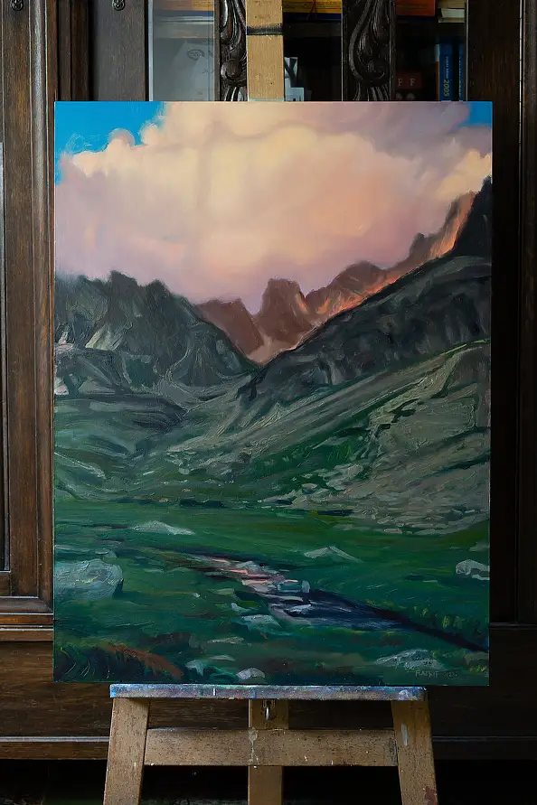 Wojciech Pater, Ultima luce nella valle, Quadro a olio - pannello, 60 x 80