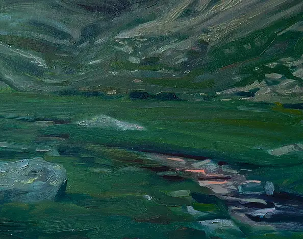 Wojciech Pater, Ultima luce nella valle, Quadro a olio - pannello, 60 x 80