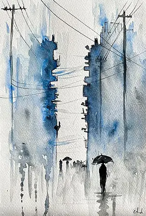 Adriana Laube, "Otuleni deszczem", Akwarele, Inne - papier, 30 x 42