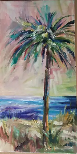 Anna Borcz, PALME AUF PARADIESINSEL, Ölbild - Leinwand, 50 x 100